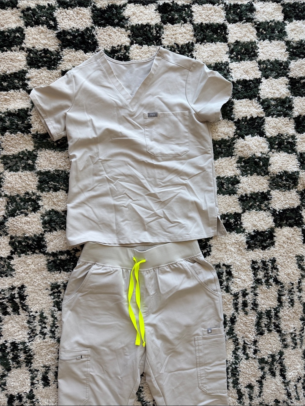 Figs BONE Scrub Set with Neon Yellow Drawstring